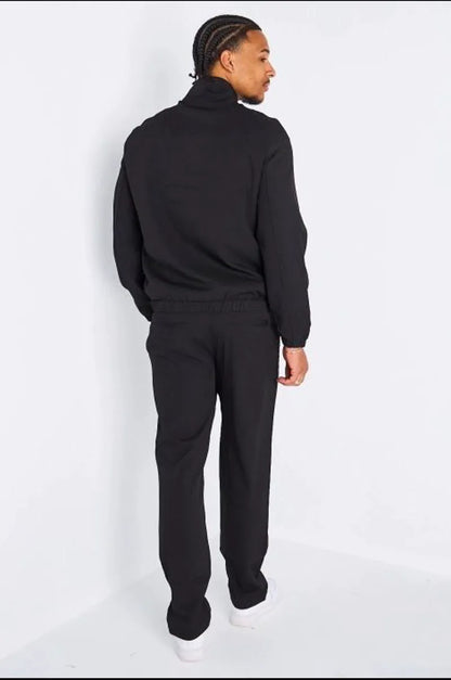 Ensemble deux pièces noir veste à col rond et manches longues + pantalon coupe droite