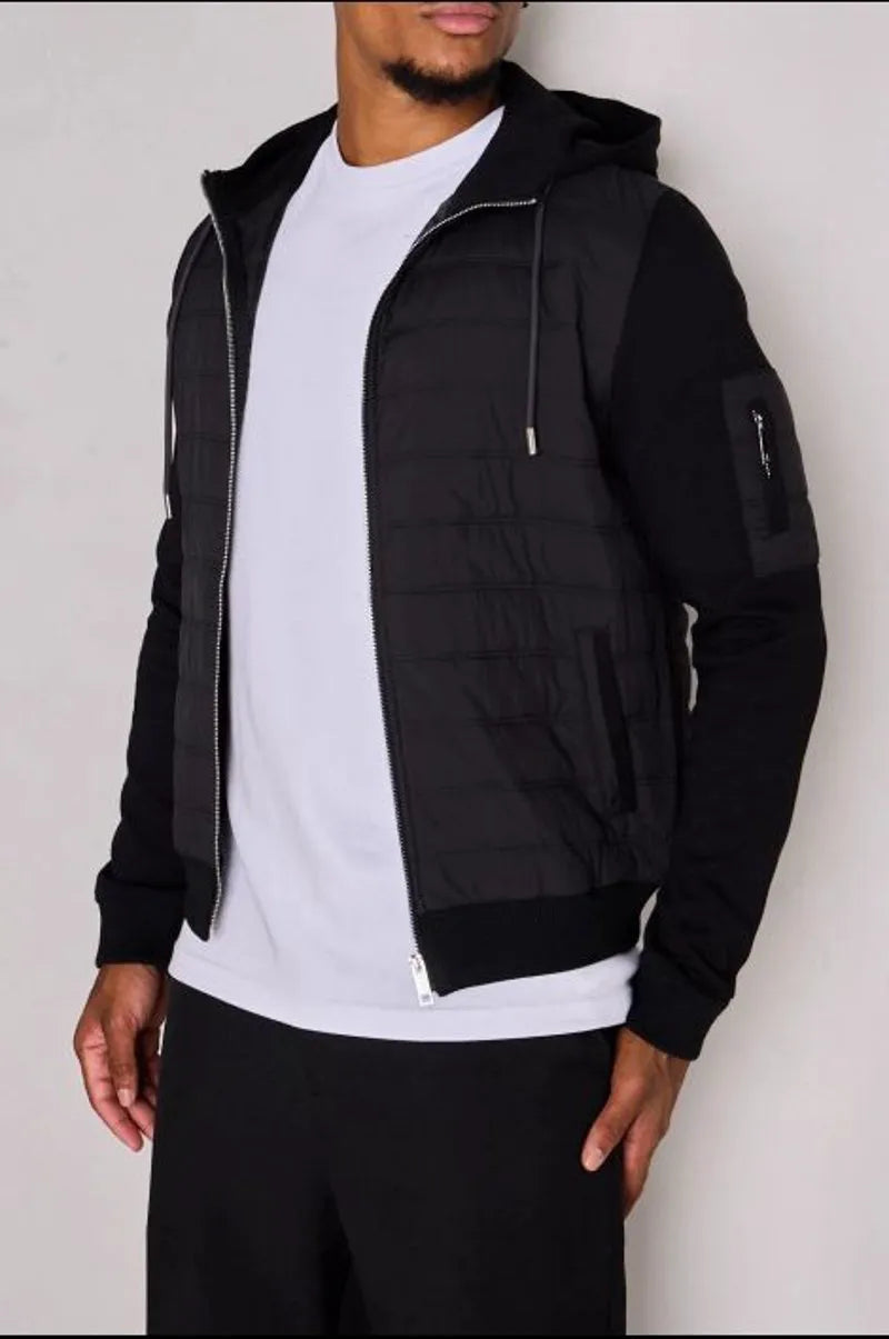 Black quilted dual-fabric hooded jacket
