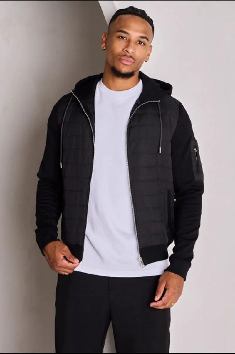 Black quilted dual-fabric hooded jacket