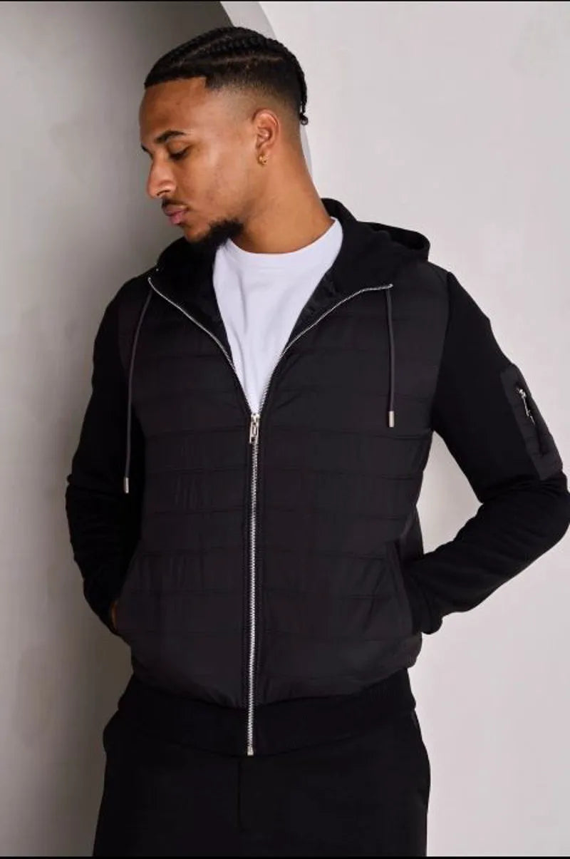 Black quilted dual-fabric hooded jacket