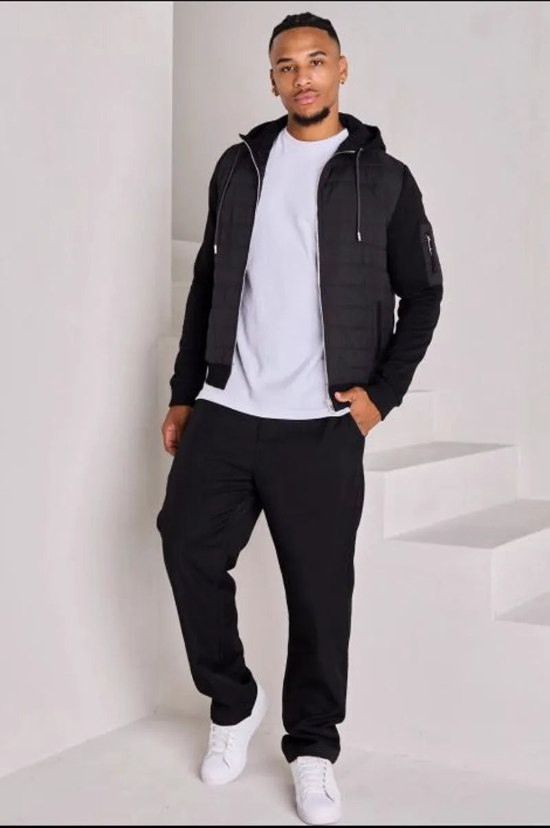 Black quilted dual-fabric hooded jacket