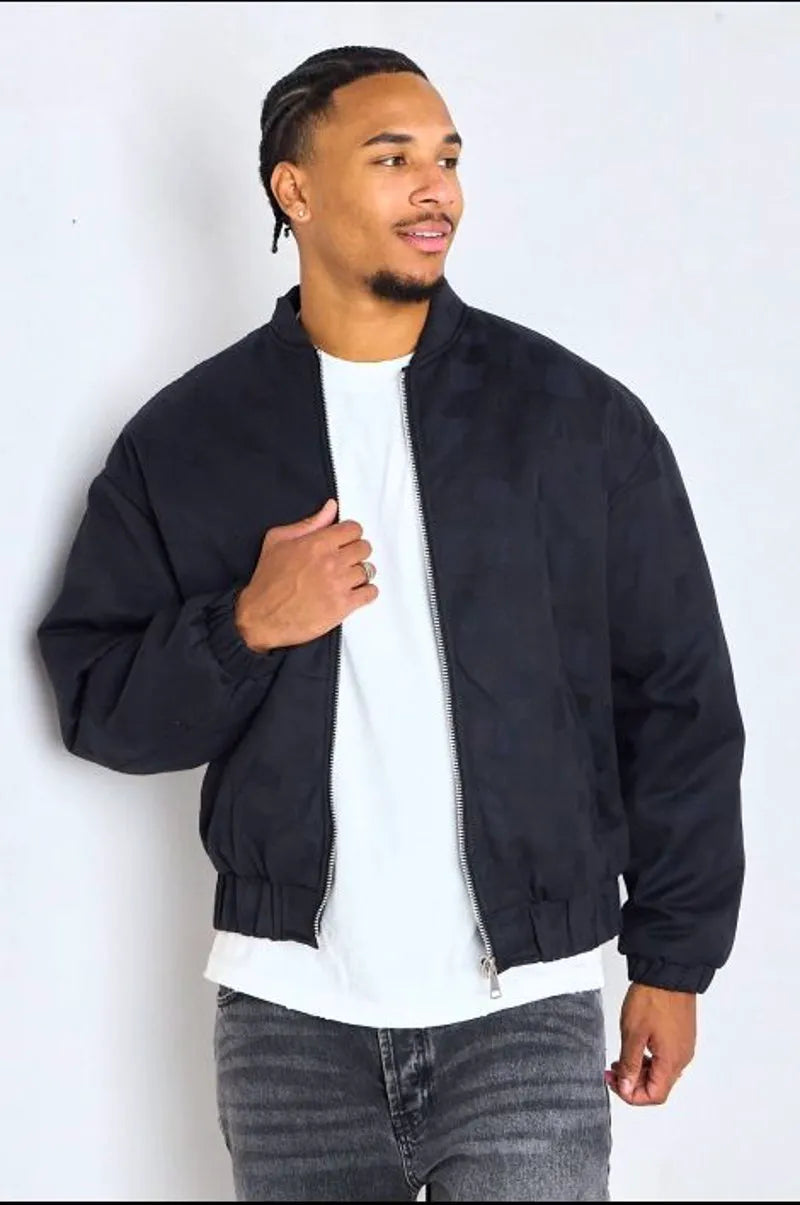 Black bomber-style jacket with square geometric patterns