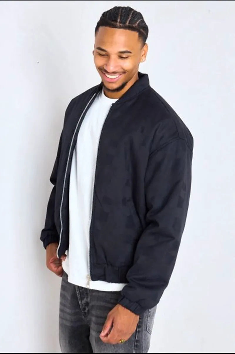 Black bomber-style jacket with square geometric patterns