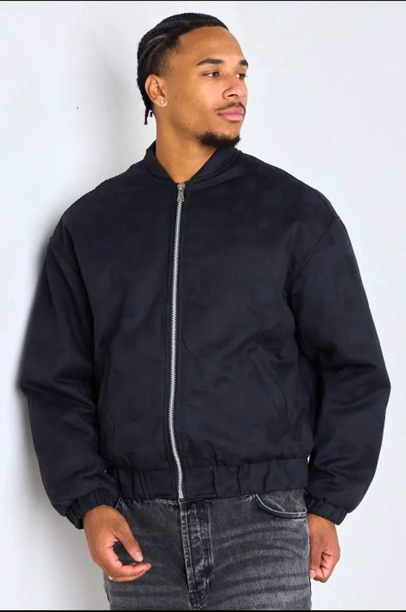 Black bomber-style jacket with square geometric patterns
