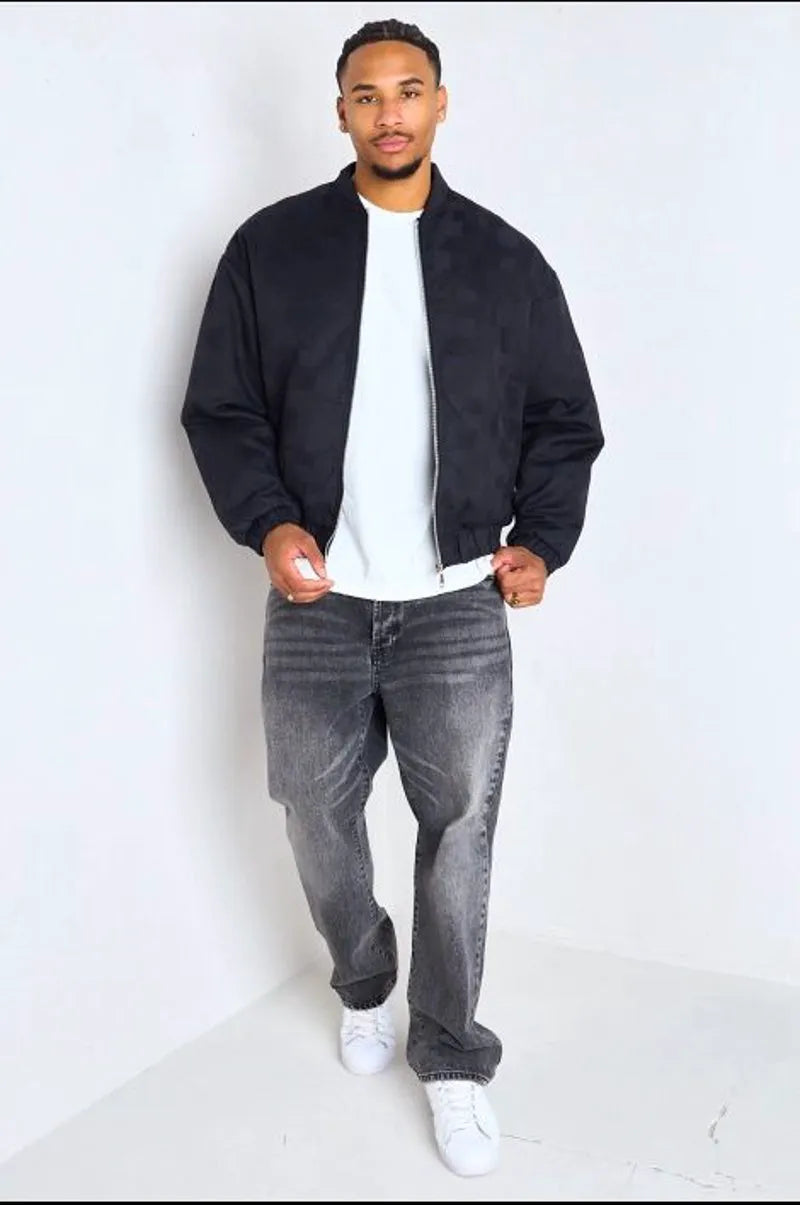 Black bomber-style jacket with square geometric patterns