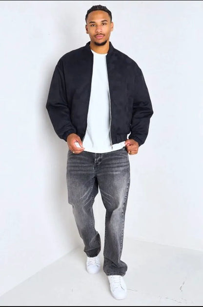 Black bomber-style jacket with square geometric patterns