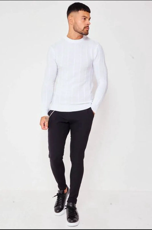White crew neck knit sweater with stripes