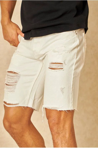 White distressed denim shorts
