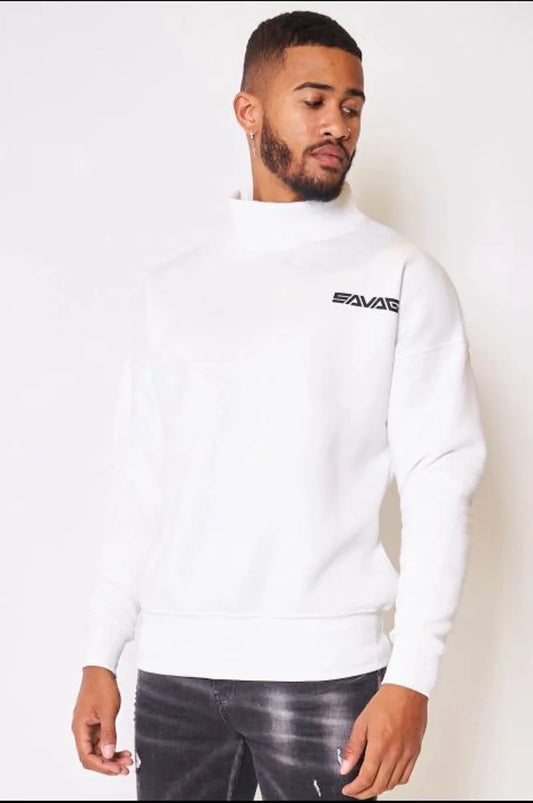 White high-neck "savage" sweatshirt