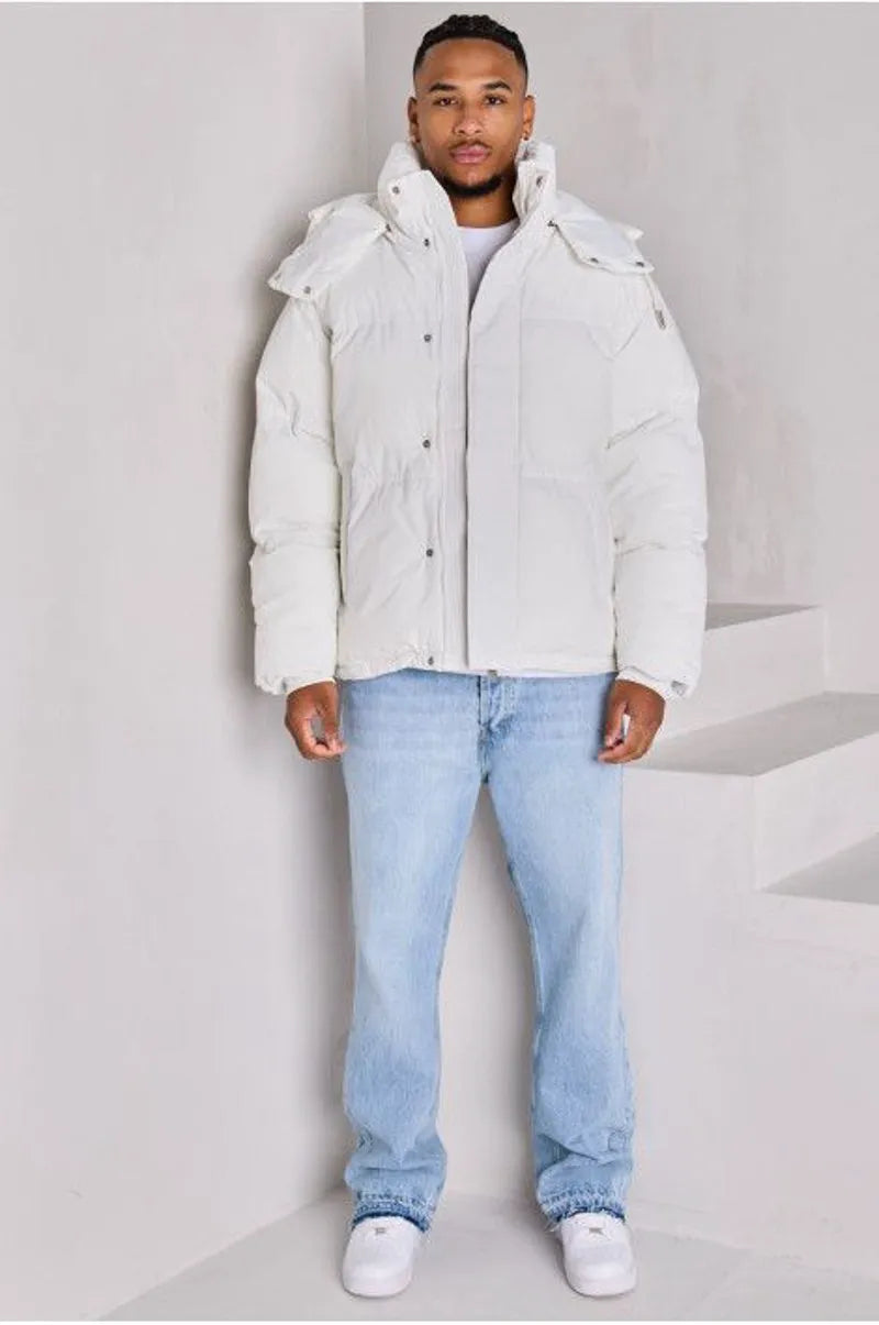 White long-sleeve hooded down jacket