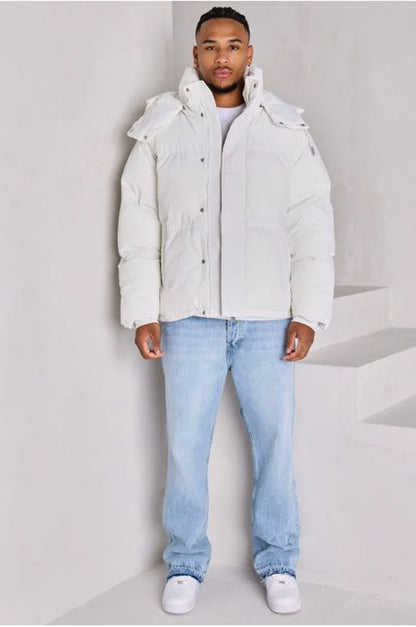 White long-sleeve hooded down jacket