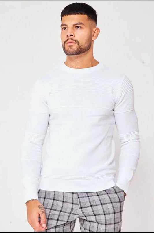 White textured knit crew neck sweater