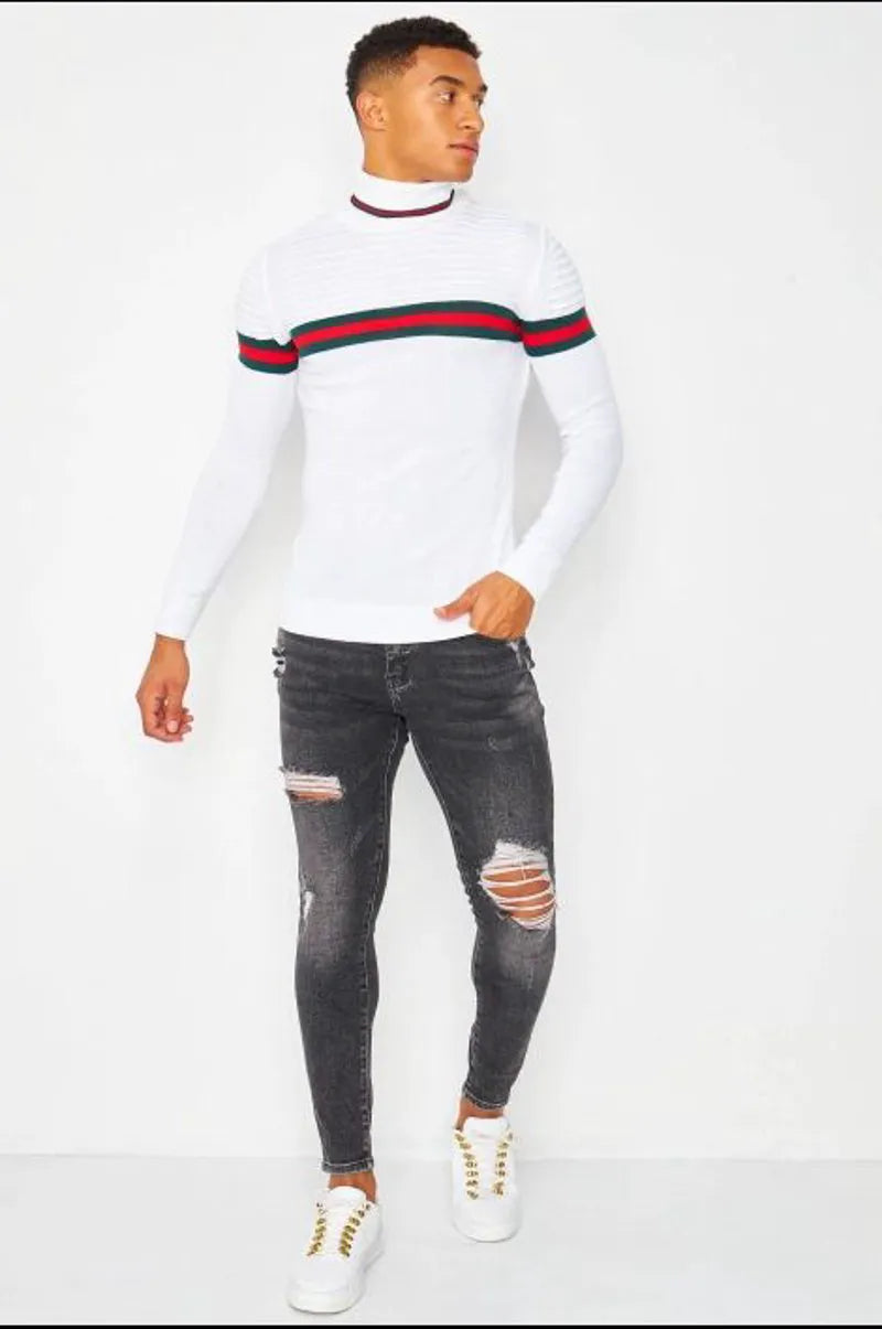White turtleneck sweater with tricolor stripe