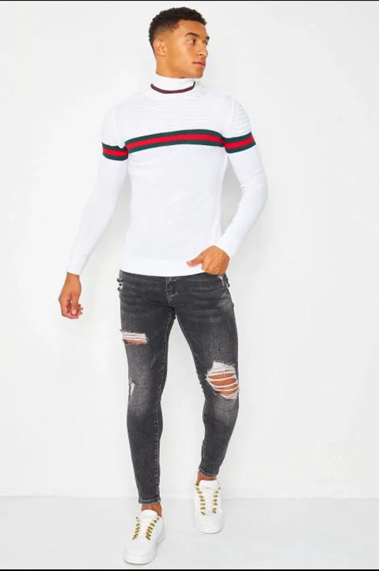 White turtleneck sweater with tricolor stripe