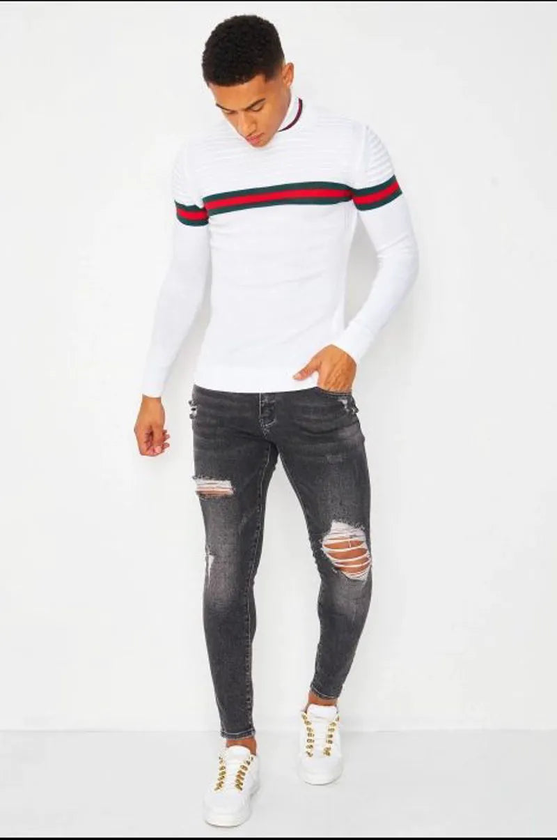 White turtleneck sweater with tricolor stripe