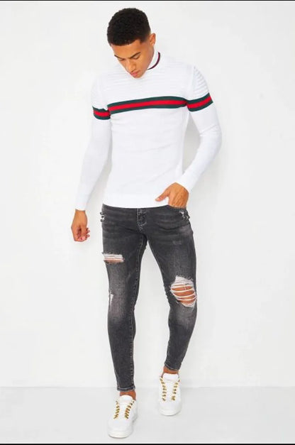 White turtleneck sweater with tricolor stripe