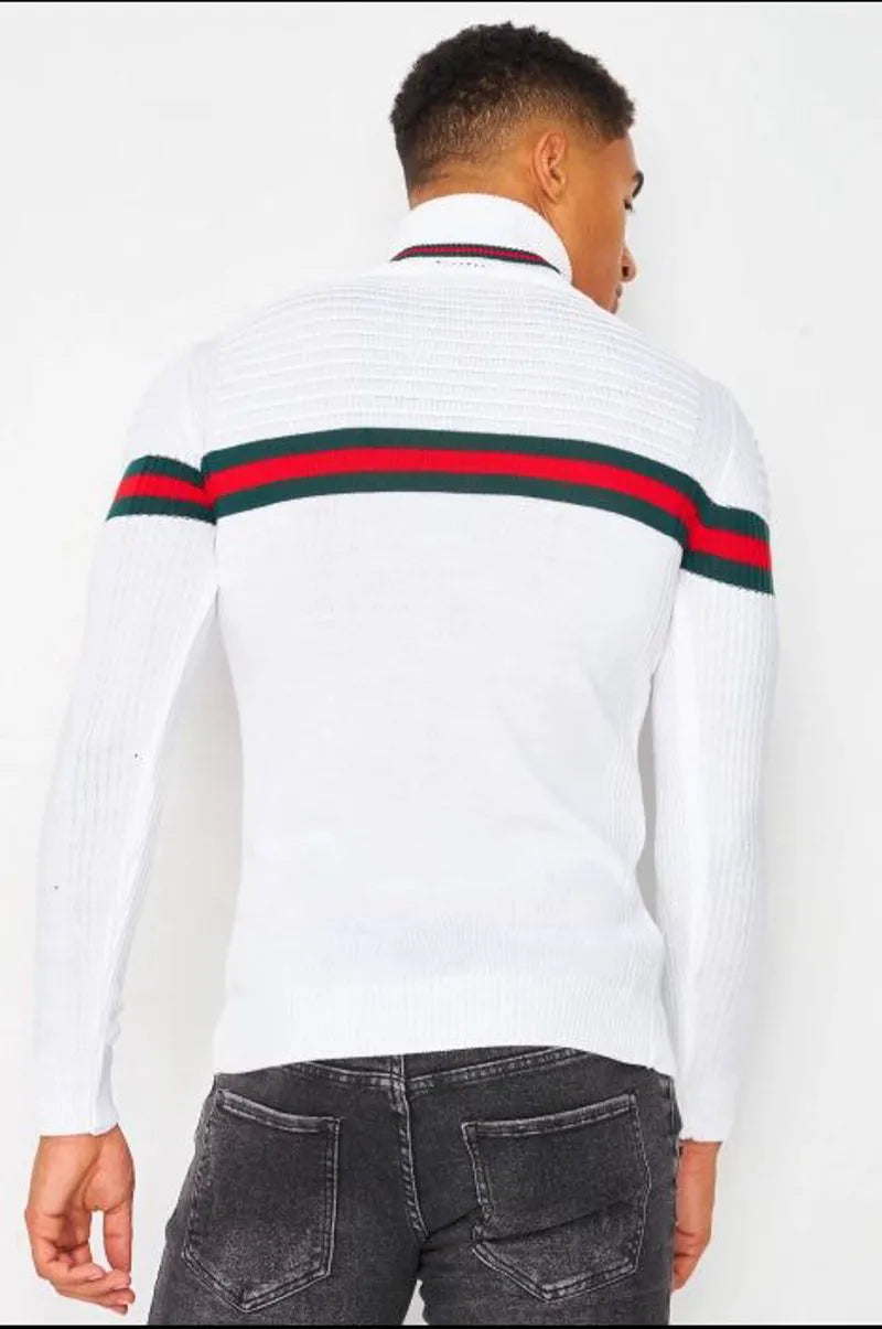 White turtleneck sweater with tricolor stripe