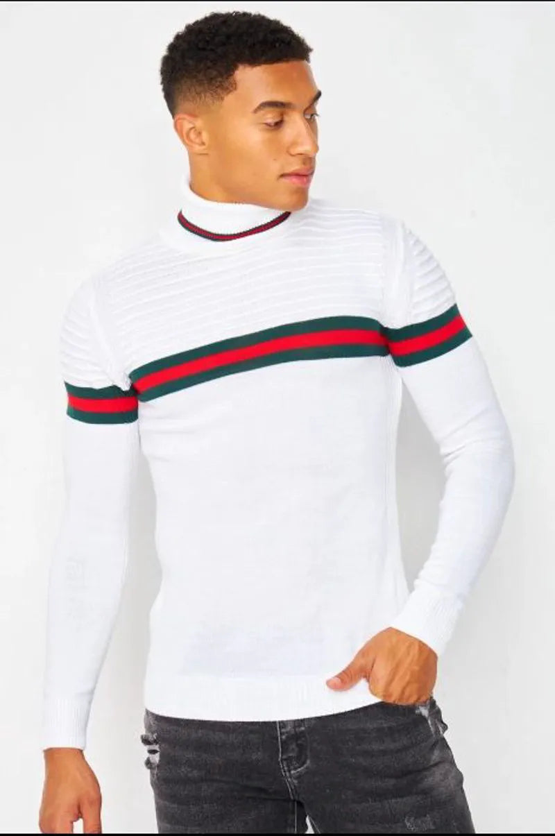 White turtleneck sweater with tricolor stripe